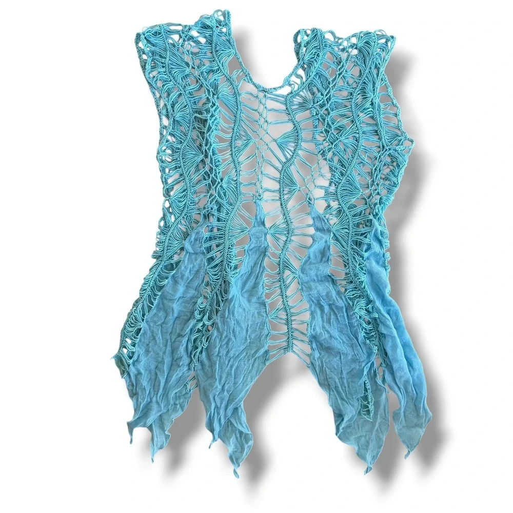 Women's Turquoise Aqua Blue Open Crochet Macrame Knit Pearl Button Beach Coverup